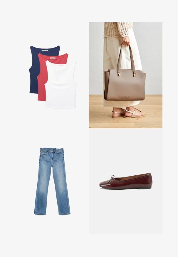 Tre canottiere senza maniche: blu navy, rosso e bianco. Tessuto morbido ed elasticizzato con scollature arrotondate e un taglio classico.; Jeans in denim azzurro chiaro con design classico a cinque tasche, chiusura con bottone e zip, e vestibilità a gamba dritta.; Ballerine in pelle verniciata bordeaux con punta arrotondata, piccolo fiocco decorativo sulla parte anteriore e suola bassa in gomma nera. Texture liscia.; Borsa a tracolla sintetica marrone con due lunghe maniglie, dettagli metallici quadrati e un logo sottile. Indossata con una gonna crema chiara e sandali.