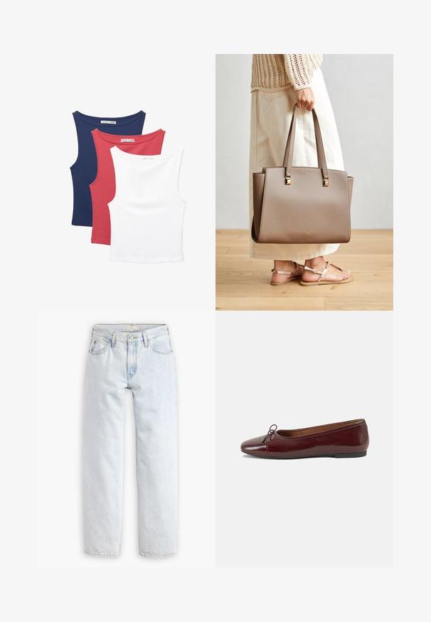 Tri sleeveless majice: mornarsko modra, rdeča in bela. Mehka, raztegljiva tkanina z okroglimi izrezi in klasičnim krojem.; Svijetloplave traperice ravnog kroja s visokim strukom, koje imaju pet džepova, prednje kopčanje na dugme i vidljive šavove.; Burgundska patenti usnjeni baletni čevlji z zaobljenim prstom, majhnim lokom na sprednji strani in nizkim črnim gumijastim podplatom. Gladka tekstura.; Rjav sintetični tote nahrbtnik z dvema dolgima ročajema, kvadratnimi kovinskimi detajli in subtilnim logotipom. Nosi se z svetlo kremasto krilo in sandali.