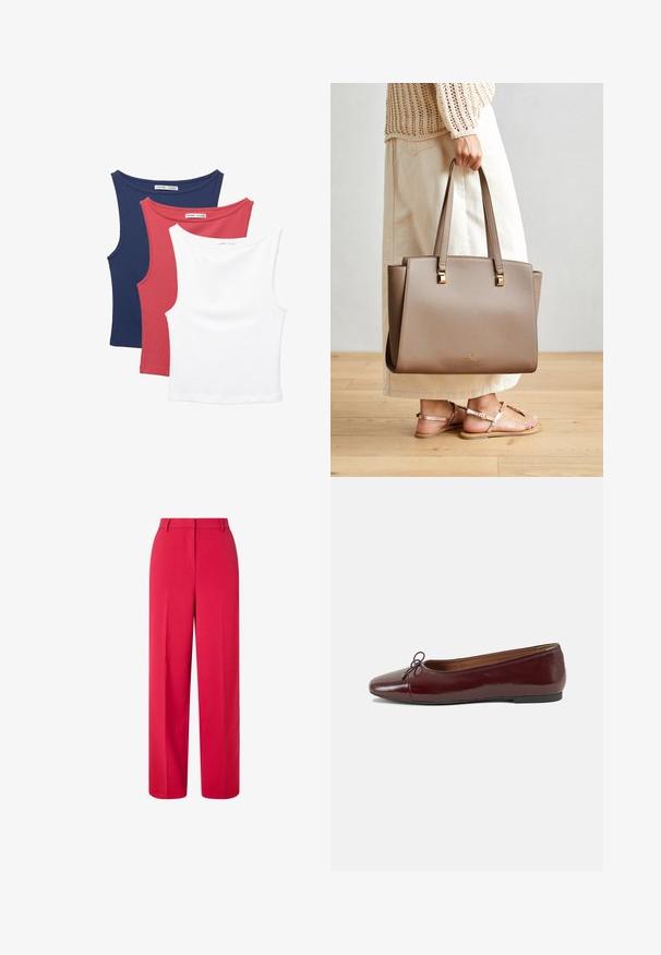 Trii majice bez rukava: tamnoplava, crvena i bijela. Mekani, rastezljivi materijal s okruglim izrezima i klasičnim krojem.; Crvene hlače širokih nogavica visokog struka s petljama za remen i skrivenim prednjim kopčanjem na bijeloj pozadini.; Burgundska lakirana balerinka s zaobljenim vrhom, malim mašnom sprijeda i niskom, crnom gumenom potplatu. Glatka tekstura.; Smeđa sintetička torba s dva dugačka ručka, kvadratnim metalnim detaljima i suptilnim logotipom. Nošena uz svijetlosvijetlu suknju i sandale.