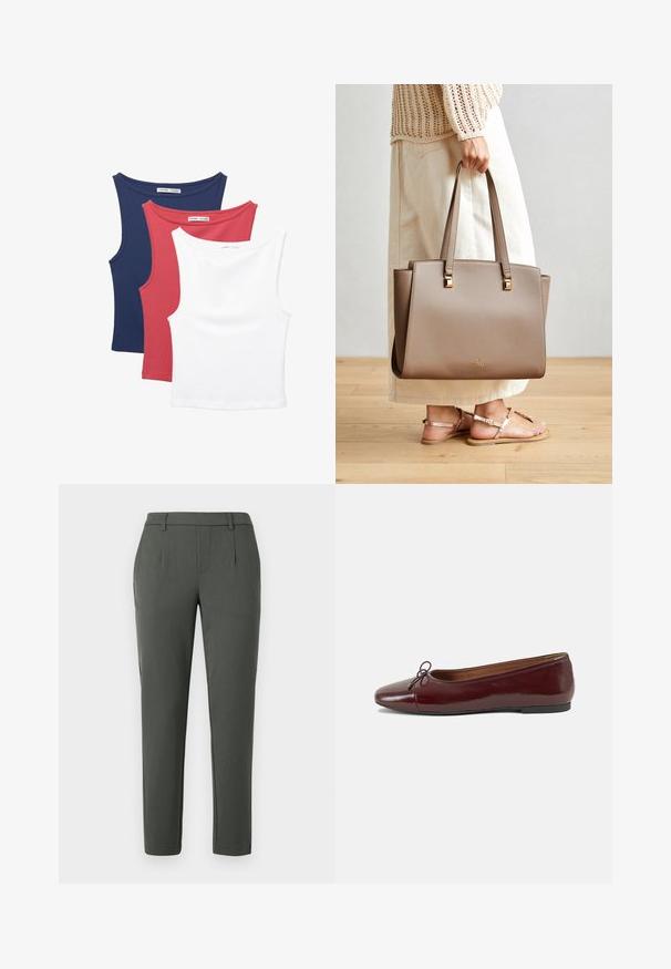 Három ujjatlan trikó: sötétkék, piros és fehér. Puha, rugalmas szövet, kerek nyakkivágással és klasszikus szabással.; Sötétzöld, testhezálló nadrág, két oldalsó zsebbel, cipzáras nyitással és gyűrődéssel a strukturált dizájn érdekében.; Burgundi lakkbőr balettcipő kerek orral, elöl kis masni díszítéssel és alacsony, fekete gumi talppal. Simára csiszolt felület.; Barna szintetikus tote táska két hosszú füllel, négyzet alakú fém díszítésekkel és diszkrét logóval. Világos krém szoknyával és szandálokkal viselve.
