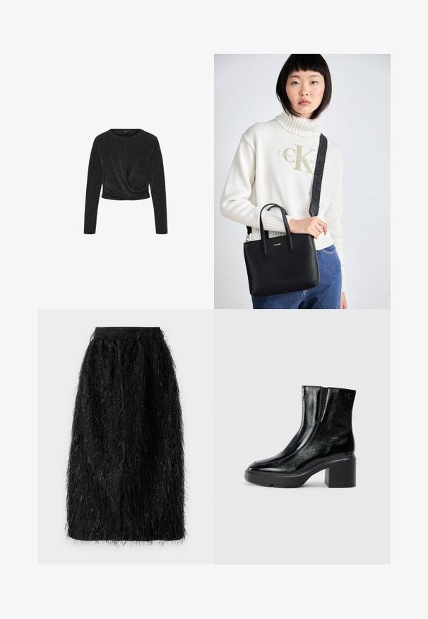 Črn skrajšan dolgi rokav obenem top, narejen iz metalnega blaga. Ima okroglo ovratnico in zasukano zasnovo spredaj. Gladka tekstura.; Črna krila z teksturiranim, kosmatim videzom, s kovinskimi vlakni prepletenimi v tkanino. Srednje dolžine z elastičnim pasom.; Črne lakirane gležnjarje z ukrivljenim nosom, elastičnimi stranskimi paneli in debelim blokastim peto. Imajo vtisnjen logotip na zadnjem delu.; Črna usnjena torba z dvema zgornjima ročajema in odstranljivim naramnim trakom. Ima srebrni logotip spredaj in gladko teksturo.