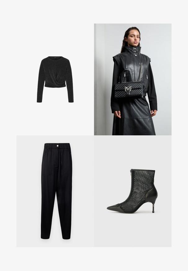 Svart kortermet langermet topp laget av et metallisk stoff. Har rund hals og vridd design foran. Jevn tekstur.; Sorte bukser laget av glatt, lett stoff. Har elastisk midje, sidelommer og smale bein for avslappet passform.; Svart ankelstøvel med spiss tå, mesh-sider, lærhelteller og en slank stiletthæl med en geometrisk metallisk detalj.; Svart skinnvest med høyt krage, glidelås-lommer og en svart kviltet håndveske med sølvdetaljer, brukt sammen med et langt svart skjørt.