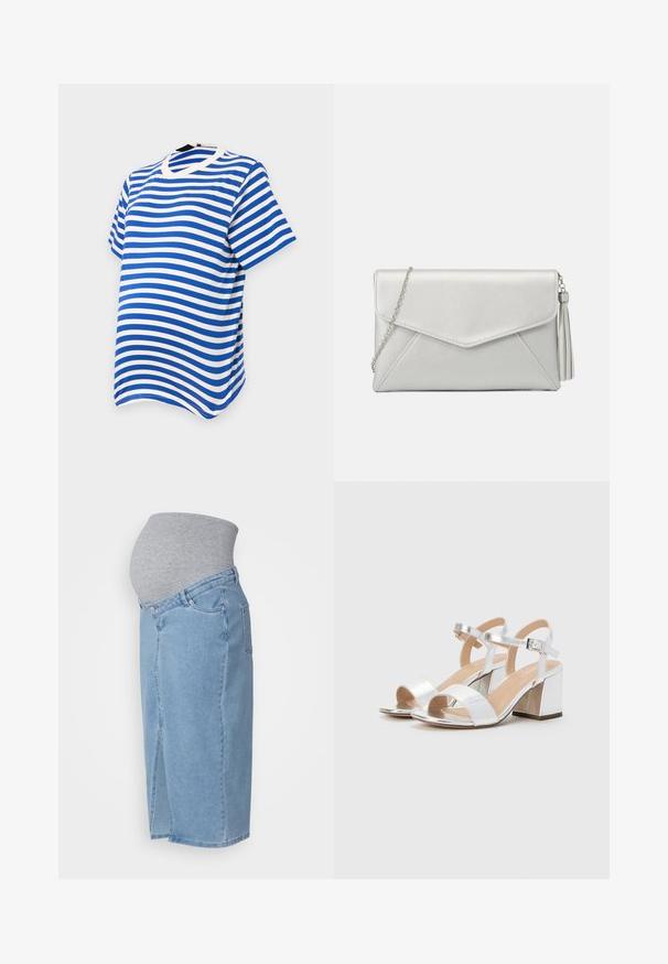 Tricou cu mânecă scurtă, în dungi albastre și albe, cu decolteu rotund și o textură moale și netedă. Dungile orizontale sunt distribuite uniform.; Blugi de maternitate de culoare albastru deschis, cu un talie elastică gri. Au un croi drept, buzunare frontale și o fante la tivul din față.; Sandale argintii cu toc înalt, cu vârful deschis, având două curele late și un toc pătrat rotunjit. Textură netedă cu finisaj metalic.; Geantă plic din piele sintetică argintie cu un design tip plic, curea din lanț și un detaliu cu franjuri pe o parte, având cusături unghiulare.