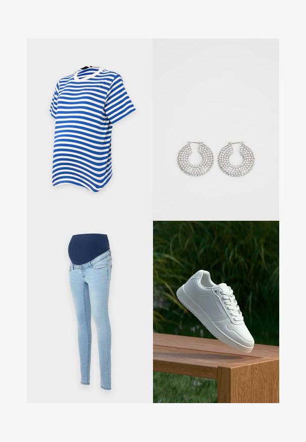 Sinine ja valge triibuline lühikeste varrukatega T-särk, ümmarguse kaelusega ja pehme, siledaga tekstuuriga. Horisontaalsed triibud on ühtlaselt jaotatud.; Heledsinised rasedate teksad, millel on veniv tumesinine vöökoht. Üksikasjalik säärekujundus, millel on kaks esikotti ja diskreetne õmbluse detail.; Valged sneakerd, millel on sile sünteetiline ülemine osa, väikeste aukudega varvaskast, lamedad paelad ja tekstuuriga tald, eksponeeritud puidust pinnal.; Hõbedased rõngaskõrvarõngad, millel on mitmeid selgeid kristallitoot.