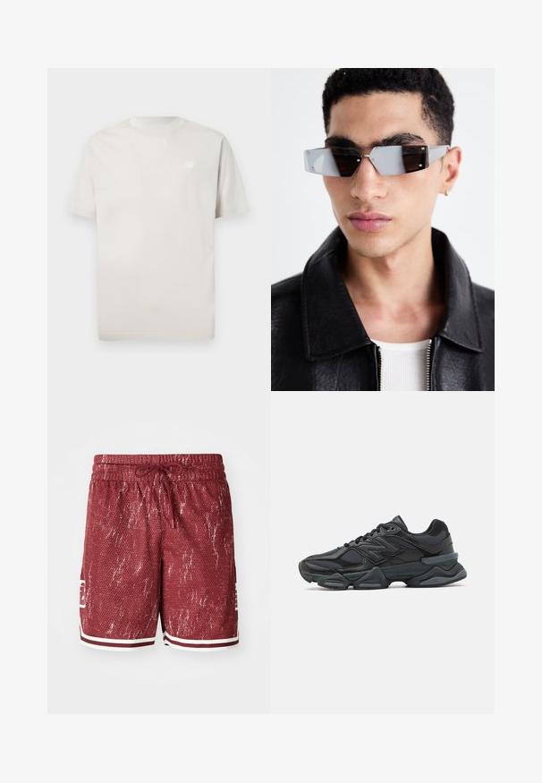New Balance ESSENTIALS - Lihtne T-särk - grey; Punane võrkmaterjalist lühikesed püksid tekstureeritud mustriga, valged detailid ja nööriga vöökoht. Omab külgtaskuid ja logo vasakul jalal.; Mustad mustus jooksukeng, mis sisaldab segu võrgust ja sünteetilisest materjalist, jäme talla, kaarduv disain ja silmapaistev bränding külgedel.; Angular hallikatega tumedad prillid hõbedaste detailidega, heleda tausta ees. Prilliklaasid omavad ainulaadset geomeetrilist kuju.
