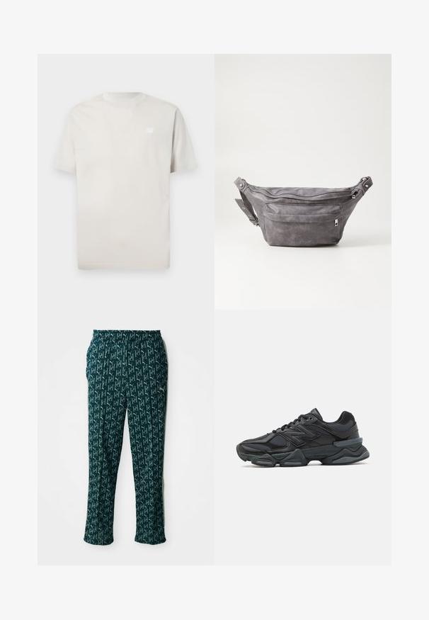 New Balance ESSENTIALS - Basic T-shirt - grey; Green patterned pants featuring a repeated logo design, with an elastic waistband and a straight cut, displayed against a neutral background.; Black running shoe featuring a mix of mesh and synthetic materials, chunky sole, curved design, and prominent branding on the side.; Gray suede fanny pack with a rounded shape, two zippered compartments, and adjustable strap. Features metal hardware accents.