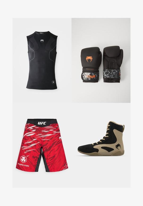 Ermeløs svart atletisk kompresjons skjorte med subtile mønstrede paneler, lite hvitt slange-logo på brystet, og sirkulært emblem nær kanten.; Røde MMA-shorts med sort talje. Har et iøjnefaldende, abstrakt mønster i rød og hvid. Logoer for UFC og crypto.com er tydeligt vist.; Høye idrettssko med svart nettverksutside og beige detaljer. Teksturert gummisåle og logo på siden.; Svarte boksinghansker med matt finish og ergonomisk design. Oransje logo-detaljer og håndleddsstropper med kamuflasjemønster.