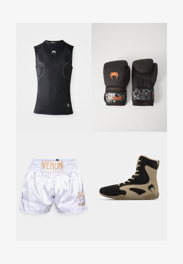 Camisola atlética compressora sem mangas preta com painéis de padrão discreto, pequeno logótipo de cobra branca no peito e emblema circular perto da bainha.; Calções de boxe em cetim branco com cintura elástica, logótipo "VENUM" bordado a ouro no centro frontal e na perna direita.; Sapatilha desportiva de cano alto com um exterior em malha preta e detalhes em bege. Sola de borracha texturada e detalhe do logótipo na lateral.; Luvas de boxe pretas com acabamento mate e design ergonómico. Detalhes do logótipo em laranja e tiras de pulso com padrão de camuflagem.