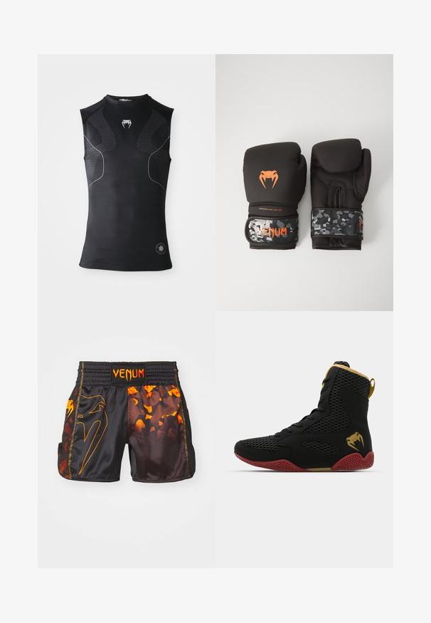 Camisola atlética compressora sem mangas preta com painéis de padrão discreto, pequeno logótipo de cobra branca no peito e emblema circular perto da bainha.; Calções Venum pretos e laranjas com um acabamento brilhante, padrões de camuflagem contrastantes e uma cintura elástica com detalhe do logo.; Sapatilha desportiva de cano alto com malha preta e material sintético, detalhes texturizados, sola de borracha vermelha e acabamentos dourados no tornozelo.; Luvas de boxe pretas com acabamento mate e design ergonómico. Detalhes do logótipo em laranja e tiras de pulso com padrão de camuflagem.