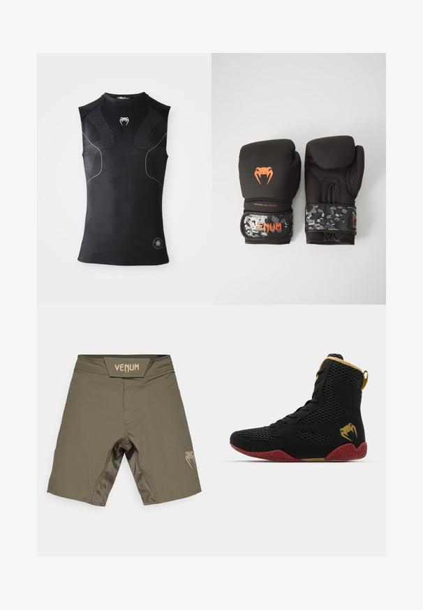 Melnā bezpiedurkņu sporta kompresijas krekls ar diskrētām rakstainām paneļiem, neliels balts čūskas logo uz krūtīm un apļveida emblema tuvumā apakšmalai.; Olive zaļi Venum šorti, izgatavoti no elastīgas auduma. Izceļas ar zelta logo kreisajā kājā un plašu jostasvietu komfortam.; Augstas sporta kurpes ar melnu acu audumu un sintētiskajiem materiāliem, teksturētiem akcentiem, sarkanu gumijas zoli un zelta detaļām uz potītes.; Melni boksa cimdi ar matētu apdari un ergonomisku dizainu. Oranža logo detaļa un maskēšanās raksta plaukstas siksnas.