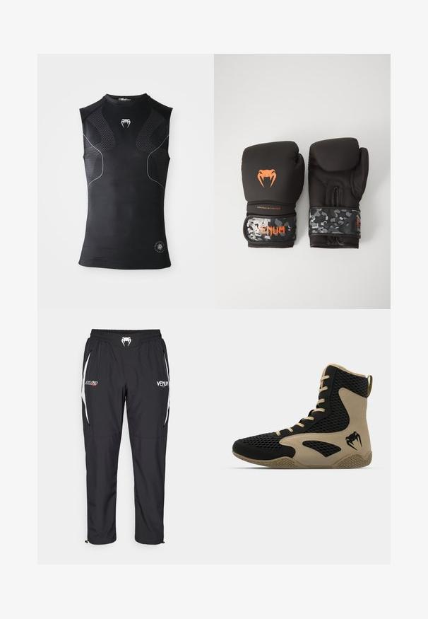 Ermeløs svart atletisk kompresjons skjorte med subtile mønstrede paneler, lite hvitt slange-logo på brystet, og sirkulært emblem nær kanten.; Sorte treningsbukser laget av lett materiale, med hvite detaljer, elastisk midje og sidelommer. Logoer er synlige.; Høye idrettssko med svart nettverksutside og beige detaljer. Teksturert gummisåle og logo på siden.; Svarte boksinghansker med matt finish og ergonomisk design. Oransje logo-detaljer og håndleddsstropper med kamuflasjemønster.
