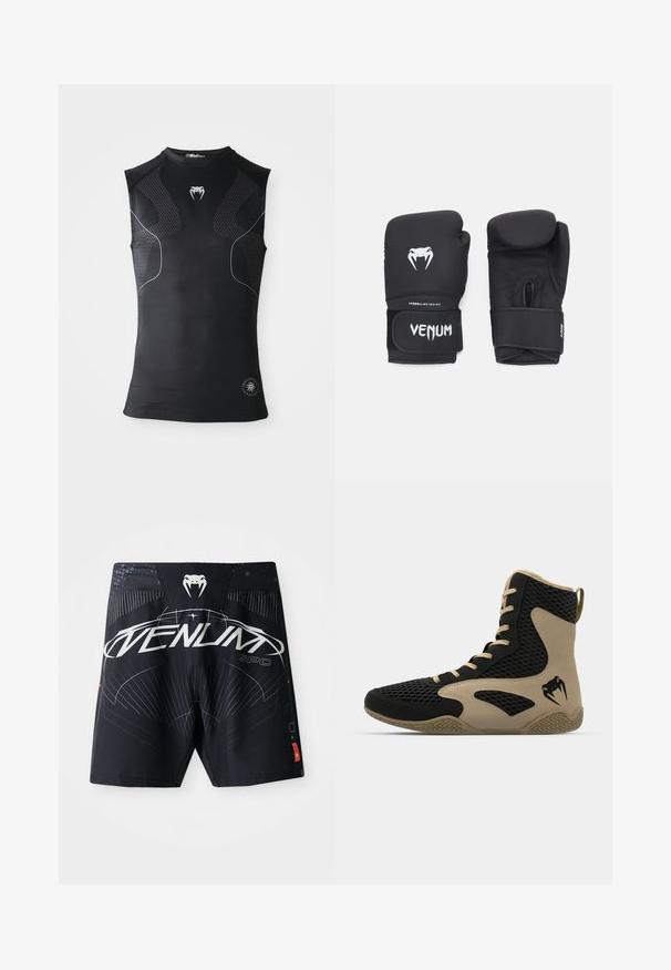 Bezrukávový čierny atletický kompresný dres so subtilnými vzorovanými panelmi, malým bielym logom hada na hrudi a okrúhlym emblémom pri leme.; Čierne plavky so lesklým povrchom, ktoré majú biele a svetlomodré grafické vzory, značkovú kópiu a kontrastné červené detaily.; Vysoké športové topánky s čiernou sieťovinou a béžovými akcentmi. Štruktúrovaná gumová podrážka a detail loga na boku.; Čierne boxerské rukavice so hladkým povrchom, s bielym logom Venom a nastaviteľným strapom na suchý zips pre zabezpečené uchytenie.