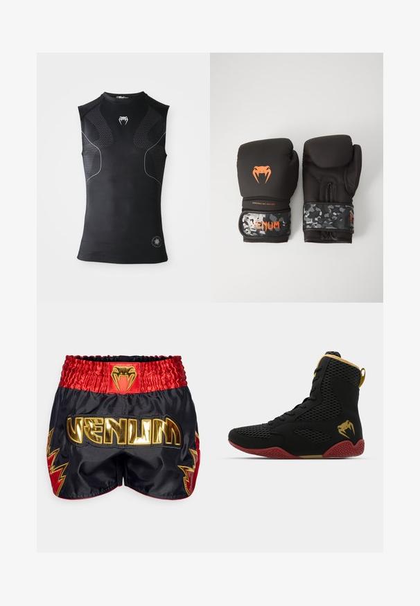 Ärmös svart sportkompressionsskjorta med subtila mönstrade paneler, liten vit orm-logotyp på bröstet och cirkulärt märke vid fållen.; Venum INFERNO 2.0 MUAY THAI SHORTS - Träningsshorts - deep black/cherry red; Höga sportskor i svart mesh och syntetmaterial, med texturerade detaljer, röd gummisula och gulddetaljer vid ankeln.; Svarta boxningshandskar med matt yta och ergonomisk design. Orange logotypdetaljering och handledsremmar med kamouflage-mönster.
