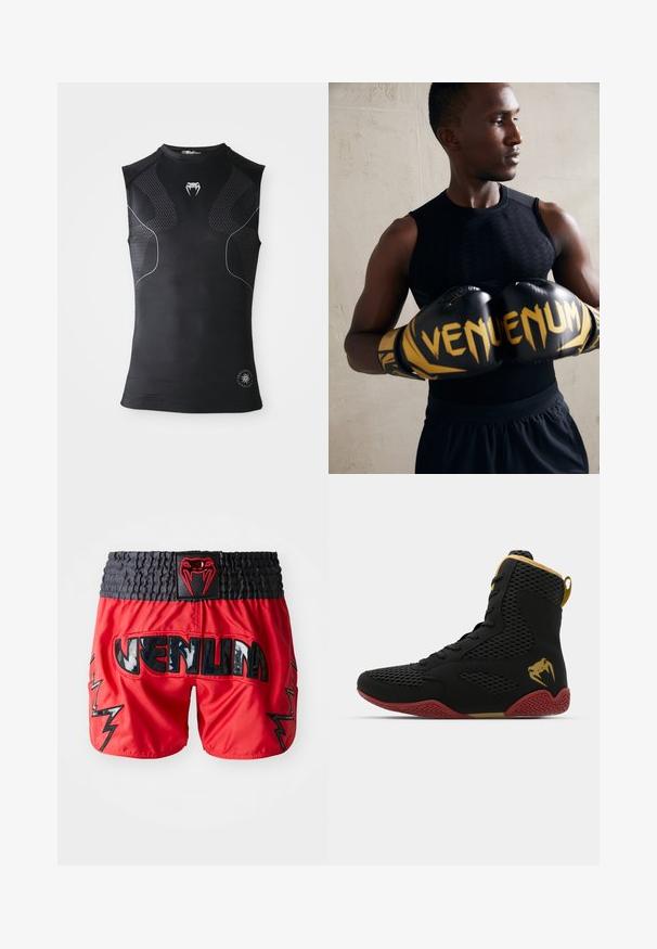 Ermeløs svart atletisk kompresjons skjorte med subtile mønstrede paneler, lite hvitt slange-logo på brystet, og sirkulært emblem nær kanten.; Røde shorts med sort talje, med glinsende "VENUM" skrift og lynbolt-detaljer i sort, lavet af letvægts, glat materiale.; Høy topp idrettssko med svart mesh og syntetisk materiale, teksturerte detaljer, rød gummisåle og gullfarge på ankelen.; Sorte boksehansker med gullakenter og "VENUM" merke. Atleten har på seg en ermeløs svart topp som fremhever en muskuløs fysikk.