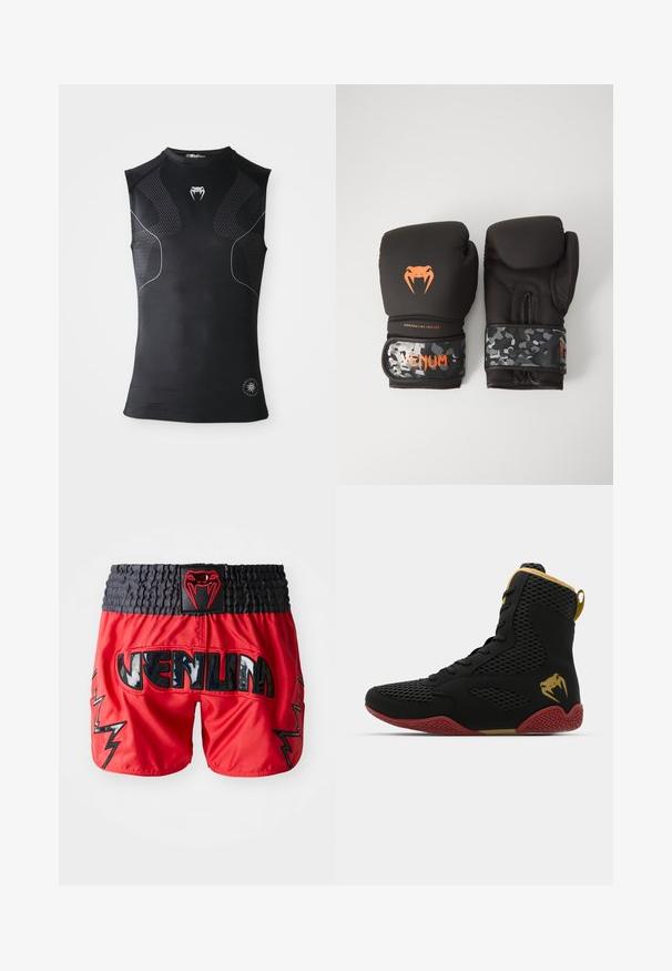 Camisola atlética compressora sem mangas preta com painéis de padrão discreto, pequeno logótipo de cobra branca no peito e emblema circular perto da bainha.; Calções vermelhos com cintura preta, apresentando letras brilhantes "VENUM" e detalhes de relâmpago em preto, feitos de material leve e suave.; Sapatilha desportiva de cano alto com malha preta e material sintético, detalhes texturizados, sola de borracha vermelha e acabamentos dourados no tornozelo.; Luvas de boxe pretas com acabamento mate e design ergonómico. Detalhes do logótipo em laranja e tiras de pulso com padrão de camuflagem.