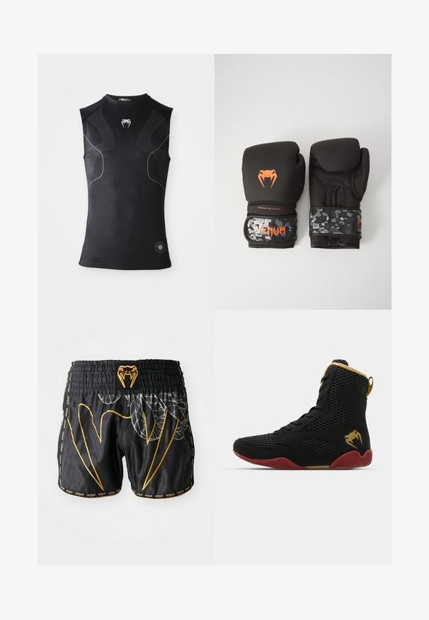 Camisola atlética compressora sem mangas preta com painéis de padrão discreto, pequeno logótipo de cobra branca no peito e emblema circular perto da bainha.; Calções atléticos pretos com um padrão texturizado, apresentando destaques em dourado, um selo de logótipo e costura em contraste. Cintura elástica com marca.; Sapatilha desportiva de cano alto com malha preta e material sintético, detalhes texturizados, sola de borracha vermelha e acabamentos dourados no tornozelo.; Luvas de boxe pretas com acabamento mate e design ergonómico. Detalhes do logótipo em laranja e tiras de pulso com padrão de camuflagem.