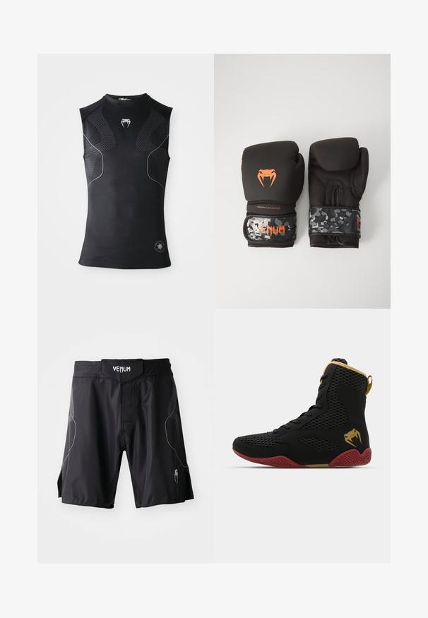 Bezrukávový čierny atletický kompresný dres so subtilnými vzorovanými panelmi, malým bielym logom hada na hrudi a okrúhlym emblémom pri leme.; Čierne športové šortky Venum so širokým pásom, suchým zipsom v páse a diskrétnymi sivými akcentmi na stranách a dolnej časti nohavíc.; Vysoké športové topánky s čiernou sieťovinou a syntetickým materiálom, textúrované akcenty, červená gumová podrážka a zlaté detaily na členku.; Čierne boxerské rukavice s matným povrchom a ergonomickým dizajnom. Oranžové logo a manžety s maskáčovým vzorom.