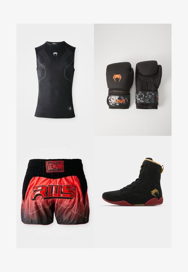 Camisola atlética compressora sem mangas preta com painéis de padrão discreto, pequeno logótipo de cobra branca no peito e emblema circular perto da bainha.; Shorts VENUM em vermelho e preto com um cós elástico preto, apresentando os logos brilhantes "VENUM" e "RWS", um padrão em degradê e uma textura suave.; Sapatilha desportiva de cano alto com malha preta e material sintético, detalhes texturizados, sola de borracha vermelha e acabamentos dourados no tornozelo.; Luvas de boxe pretas com acabamento mate e design ergonómico. Detalhes do logótipo em laranja e tiras de pulso com padrão de camuflagem.