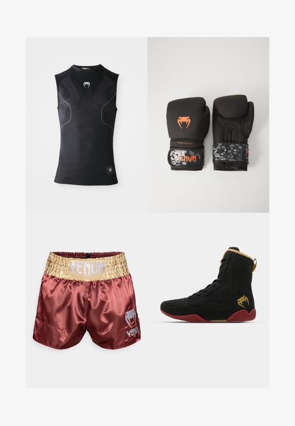 Juodas be rankovių sportinis kompresinis marškinėlis su subtiliais raštuotais intarpais, mažas baltas gyvatės logotipas ant krūtinės ir apvalus emblema prie hem.; Bordo satino bokso šortai su auksiniu elastingu juosmens diržu, kuriuose yra išsiskiriantis sidabrinis "VENUM" logotipas ir mažas logotipas apatinėje pusėje.; Juodos tinklelio ir sintetinės medžiagos aukštakulniai sportiniai bateliai su tekstūruotomis detalėmis, raudonu guminio pado ir auksinėmis akcentais ant kulkšnies.; Juodi bokso pirštinės su matinio paviršiaus apdaila ir ergonomišku dizainu. Oranžinės logotipo detalės ir kamufliažo rašto riešo diržai.