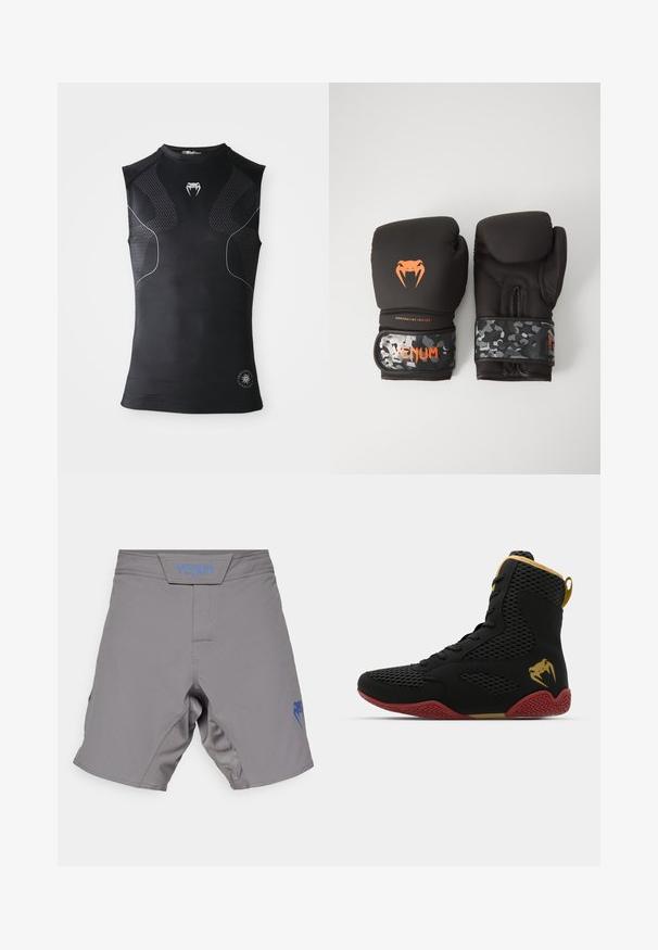 Melnā bezpiedurkņu sporta kompresijas krekls ar diskrētām rakstainām paneļiem, neliels balts čūskas logo uz krūtīm un apļveida emblema tuvumā apakšmalai.; Pelēki šorti, kas izgatavoti no elpojoša materiāla, ar Venum logo zilā krāsā kreisajā pusē un teksturētu jostu drošai piegulšanai.; Augstas sporta kurpes ar melnu acu audumu un sintētiskajiem materiāliem, teksturētiem akcentiem, sarkanu gumijas zoli un zelta detaļām uz potītes.; Melni boksa cimdi ar matētu apdari un ergonomisku dizainu. Oranža logo detaļa un maskēšanās raksta plaukstas siksnas.