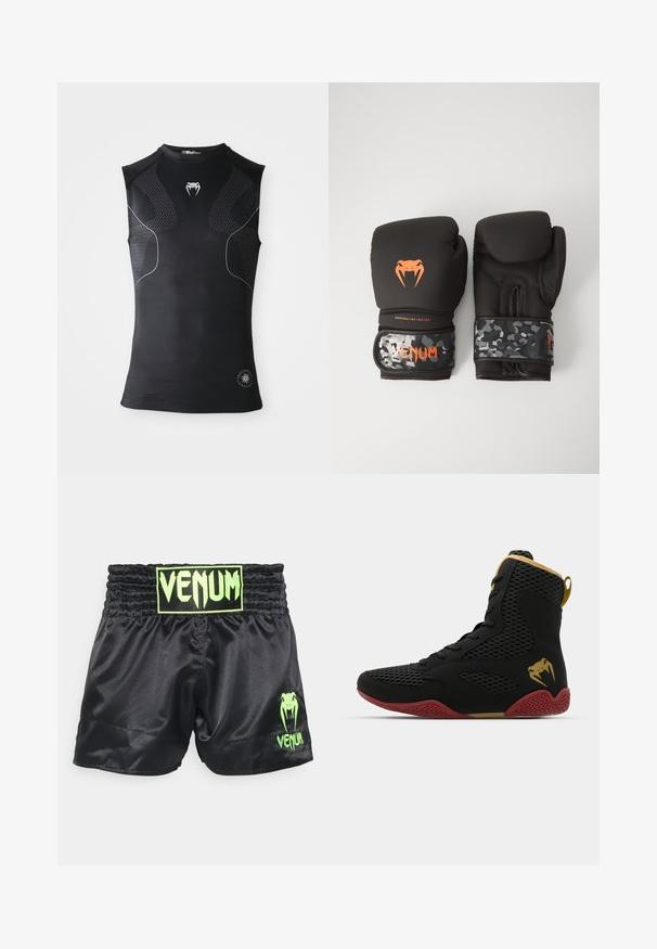 Camisola atlética compressora sem mangas preta com painéis de padrão discreto, pequeno logótipo de cobra branca no peito e emblema circular perto da bainha.; As calças de boxe em cetim preto apresentam uma cintura elástica com o logótipo neon verde "VENUM" e emblema de cobra correspondente na parte inferior da perna.; Sapatilha desportiva de cano alto com malha preta e material sintético, detalhes texturizados, sola de borracha vermelha e acabamentos dourados no tornozelo.; Luvas de boxe pretas com acabamento mate e design ergonómico. Detalhes do logótipo em laranja e tiras de pulso com padrão de camuflagem.