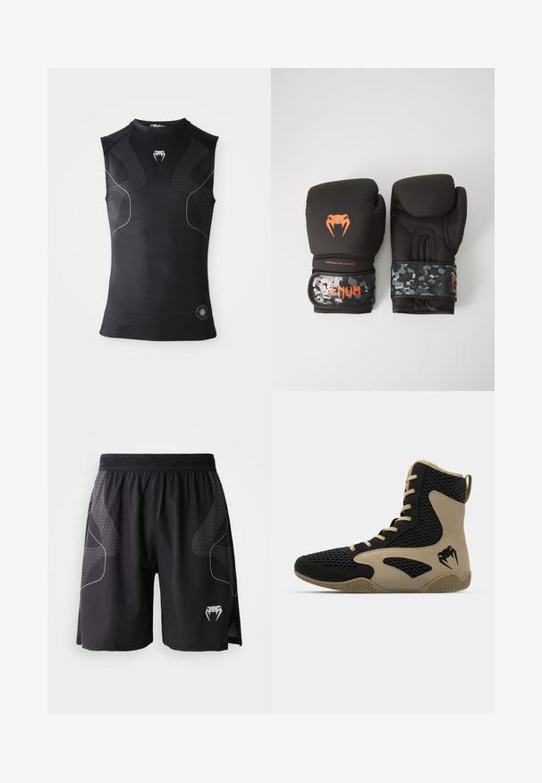 Tricou de compresie sportiv negru fără mâneci, cu panouri cu un model subtil, mic logo alb în formă de șarpe pe piept și un emblemă circulară aproape de margine.; Shorts atletici negri cu panouri laterale texturate, talie elastică și un logo de șarpe cu colți alb în partea stângă jos a piciorului.; Pantofă sport de tip high-top cu un exterior din plasă neagră și accente bej. Talpă din cauciuc texturat și detaliu logo pe lateral.; Mănuși de box negre cu un finisaj mat și design ergonomic. Detalii cu logo portocaliu și curele pentru încheietură cu model de camuflaj.