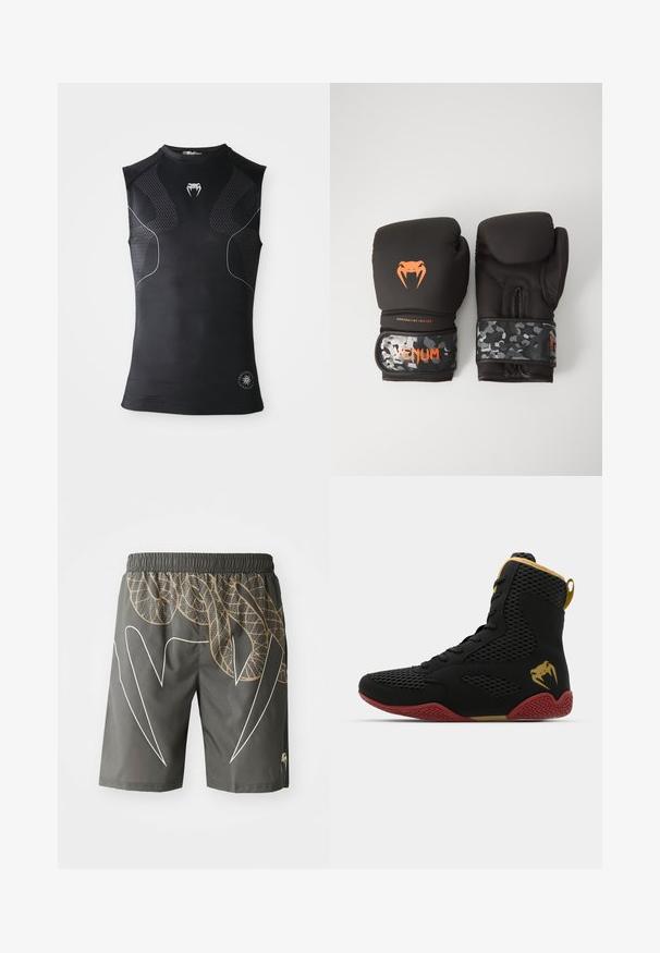 Juodas be rankovių sportinis kompresinis marškinėlis su subtiliais raštuotais intarpais, mažas baltas gyvatės logotipas ant krūtinės ir apvalus emblema prie hem.; Pilkos sportinės šortai su gyvatės odos raštu, papildyta smėline ir balta akcentais. Elastingas juosmuo, iki kelių, lengvas audinys.; Juodos tinklelio ir sintetinės medžiagos aukštakulniai sportiniai bateliai su tekstūruotomis detalėmis, raudonu guminio pado ir auksinėmis akcentais ant kulkšnies.; Juodi bokso pirštinės su matinio paviršiaus apdaila ir ergonomišku dizainu. Oranžinės logotipo detalės ir kamufliažo rašto riešo diržai.
