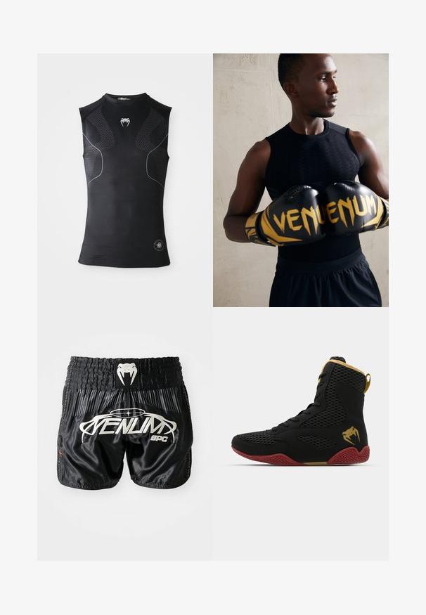 Črna atletska kompresijska majica brez rokavov z diskretnimi vzorčenimi paneli, majhnim belim logotipom kače na prsih in okroglo oznako blizu roba.; Črne satenske kratke hlače z teksturiranim elastičnim pasom, belim logotipom in subtilnimi pikčastimi vzorci na spodnjem delu.; Športni čevlj z visokim zgornjim delom, izdelan iz črnega mrežastega in sintetičnega materiala, z teksturiranimi poudarki, rdečim gumo podplatom in zlatimi detajli na gležnju.; Črne boksarske rokavice z zlatimi detajli in blagovno znamko "VENUM". Atleta nosi črno brezrokavno majico, ki izpostavlja mišičasto postavo.