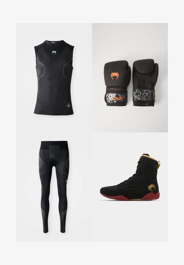 Mouwloos zwart atletisch compressie shirt met subtiele patroonpanelen, klein wit slanglogo op de borst en een cirkelvormig embleem nabij de zoom.; Zwarte sportleggingen van rekbaar materiaal, met een brede tailleband, netpanelen en reflecterende accenten langs de zijkanten.; Hoge sportieve schoen met zwarte mesh en synthetisch materiaal, gestructureerde accenten, rode rubberen zool en gouden details op de enkel.; Zwarte bokskampen met een matte afwerking en ergonomisch ontwerp. Oranje logo-details en camouflage-gepatenteerde polsbanden.