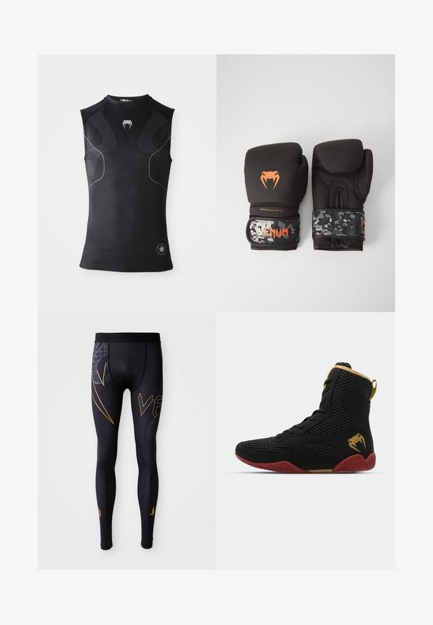 Črna atletska kompresijska majica brez rokavov z diskretnimi vzorčenimi paneli, majhnim belim logotipom kače na prsih in okroglo oznako blizu roba.; Črne atletske legice z gladko teksturo, ki vsebujejo zlate poudarke in grafični dizajn na nogah. Elastičen pas za udobje.; Športni čevlj z visokim zgornjim delom, izdelan iz črnega mrežastega in sintetičnega materiala, z teksturiranimi poudarki, rdečim gumo podplatom in zlatimi detajli na gležnju.; Črne boksarske rokavice z mat površino in ergonomsko zasnovo. Detajli v oranžni barvi in zapestnice v vojaškem vzorcu.