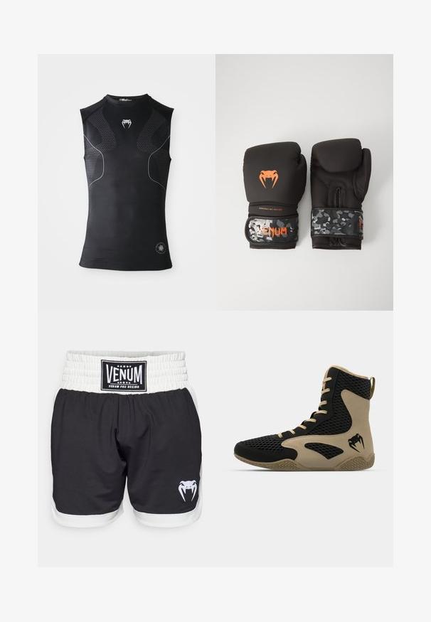 Ermeløs svart atletisk kompresjons skjorte med subtile mønstrede paneler, lite hvitt slange-logo på brystet, og sirkulært emblem nær kanten.; Svarte bokse shorts med hvit midje, med VENUM-logo og et slange grafikk i hvitt. Laget av lett, slitesterkt materiale.; Høye idrettssko med svart nettverksutside og beige detaljer. Teksturert gummisåle og logo på siden.; Svarte boksinghansker med matt finish og ergonomisk design. Oransje logo-detaljer og håndleddsstropper med kamuflasjemønster.