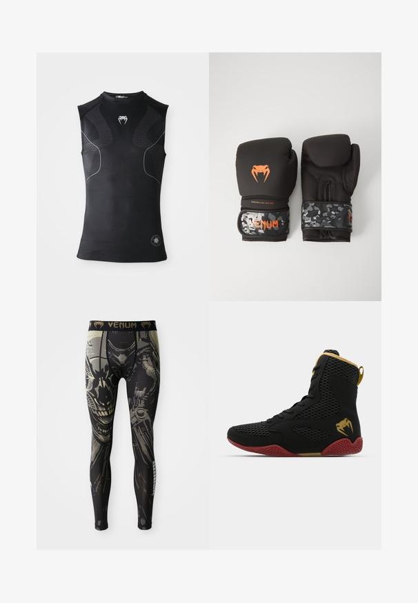 Camisola atlética compressora sem mangas preta com painéis de padrão discreto, pequeno logótipo de cobra branca no peito e emblema circular perto da bainha.; Leggings de compressão preto e cinza com um design detalhado de rosto de robô ou ciborgue e logotipo "VENUM" na cintura.; Sapatilha desportiva de cano alto com malha preta e material sintético, detalhes texturizados, sola de borracha vermelha e acabamentos dourados no tornozelo.; Luvas de boxe pretas com acabamento mate e design ergonómico. Detalhes do logótipo em laranja e tiras de pulso com padrão de camuflagem.
