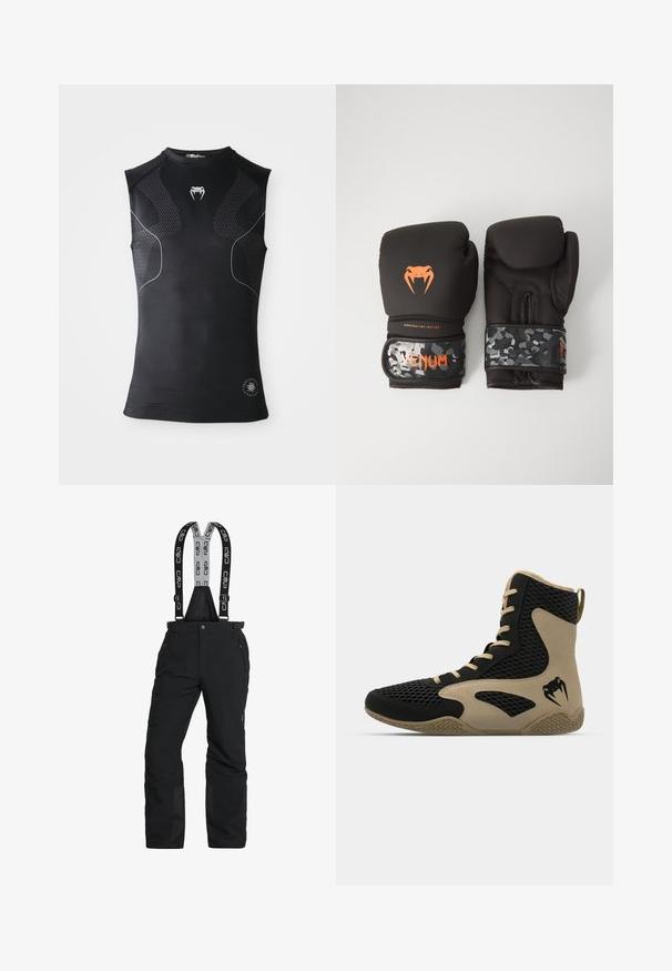 Ærmeløs sort atletisk kompressionsskjorte med subtile mønstrede paneler, lille hvid slange logo på brystet og cirkulært emblem nær kanten.; Sorte snebukser med justerbare seler, lynlåslommer og forstærkede ankler. Fremstillet af vandtæt materiale med en glat tekstur.; Høj-top atletisk sko med en sort mesh-yderside og beige accenter. Tekstureret gummisål og detaljeret logo på siden.; Sorte boksehandsker med mat finish og ergonomisk design. Orange logodetaljer og håndledsstropper med camouflage-mønster.