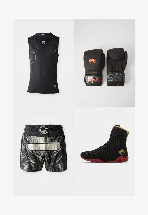 Mouwloos zwart atletisch compressie shirt met subtiele patroonpanelen, klein wit slanglogo op de borst en een cirkelvormig embleem nabij de zoom.; Zwarte en grijze korte broek met een elastische tailleband, voorzien van een logo en de tekst "VENUM" in een gedurfde, glanzende stof.; Hoge sportieve schoen met zwarte mesh en synthetisch materiaal, gestructureerde accenten, rode rubberen zool en gouden details op de enkel.; Zwarte bokskampen met een matte afwerking en ergonomisch ontwerp. Oranje logo-details en camouflage-gepatenteerde polsbanden.