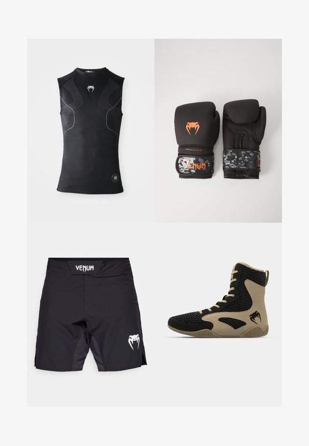 Juodas be rankovių sportinis kompresinis marškinėlis su subtiliais raštuotais intarpais, mažas baltas gyvatės logotipas ant krūtinės ir apvalus emblema prie hem.; Juodi sportiniai šortai su lygiu liemeniu, ant kurio yra baltas "Venum" logotipas ir baltas gyvatės grafikas apatinėje dešinėje pusėje.; Aukštesni sportiniai batai, turintys juodą tinklinį paviršių su smėlio spalvos akcentais. Tekstūruota gumos pašiūrė ir logotipo detalė šonėje.; Juodi bokso pirštinės su matinio paviršiaus apdaila ir ergonomišku dizainu. Oranžinės logotipo detalės ir kamufliažo rašto riešo diržai.
