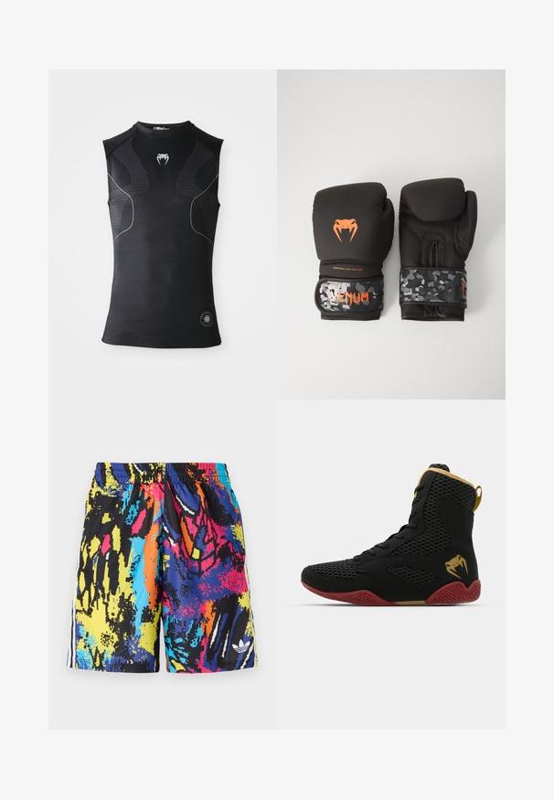 Ermeløs svart atletisk kompresjons skjorte med subtile mønstrede paneler, lite hvitt slange-logo på brystet, og sirkulært emblem nær kanten.; Flerfargede svømmebukser med et abstrakt mønster i svart, blått, gul, rosa og oransje. Elastisk midjebånd med sidestreker.; Høy topp idrettssko med svart mesh og syntetisk materiale, teksturerte detaljer, rød gummisåle og gullfarge på ankelen.; Svarte boksinghansker med matt finish og ergonomisk design. Oransje logo-detaljer og håndleddsstropper med kamuflasjemønster.