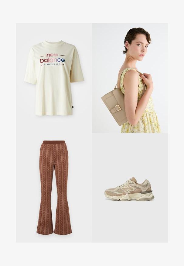 Cremefarbener Baumwoll-T-Shirt mit kurzen Ärmeln, das ein farbenfrohes "new balance"-Logo-Design und den Text "ATHLETICS INC." zeigt.; Braune Schlaghosen mit einem gemusterten Design, das vertikale Streifen und geometrische Formen enthält. Elastischer Bund, weiche Textur.; Beige Sport sneakers aus Mesh- und Wildledermaterialien, runde Zehenpartie, dicke Sohle und auffällige reflektierende Akzente an der Seite.; Beige Lederhandtasche mit einem strukturierten Design, goldfarbener Schnallenakzent und verstellbarem Riemen, abgebildet vor einem hellen Hintergrund.