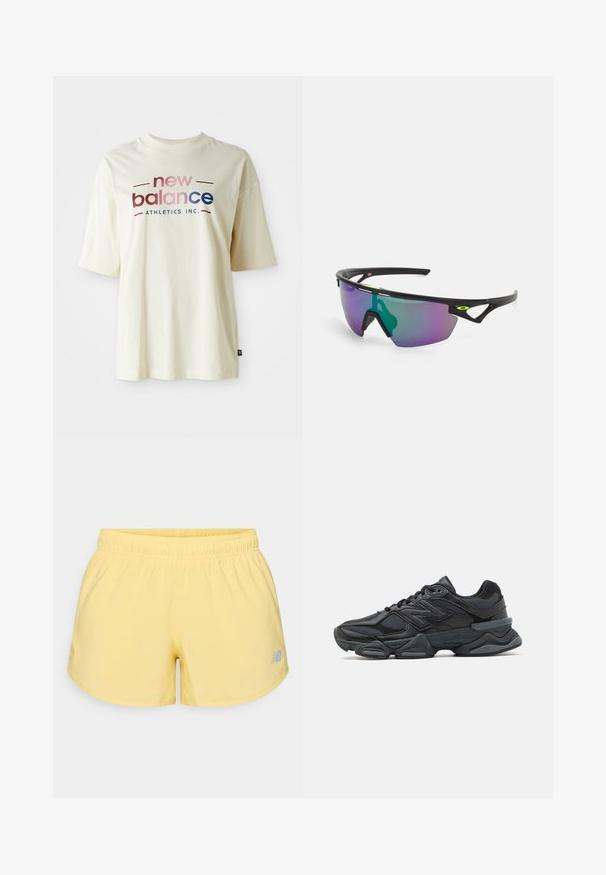Crème-kleurig katoenen T-shirt met korte mouwen, voorzien van een kleurrijk "new balance" logo ontwerp en de tekst "ATHLETICS INC.".; Gele sportshorts met een elastische tailleband en een klein grijs logo rechtsonder. Glad stof, lichtgewicht en korte snit.; Zwarte hardloopschoen met een mix van mesh en synthetische materialen, een stevige zool, gebogen ontwerp en prominente branding op de zijkant.; Sport zonnebril met een zwart montuur, grote verlooplenzen met paarse en groene tinten, en hoekige ontwerpaccenten met logo-details.