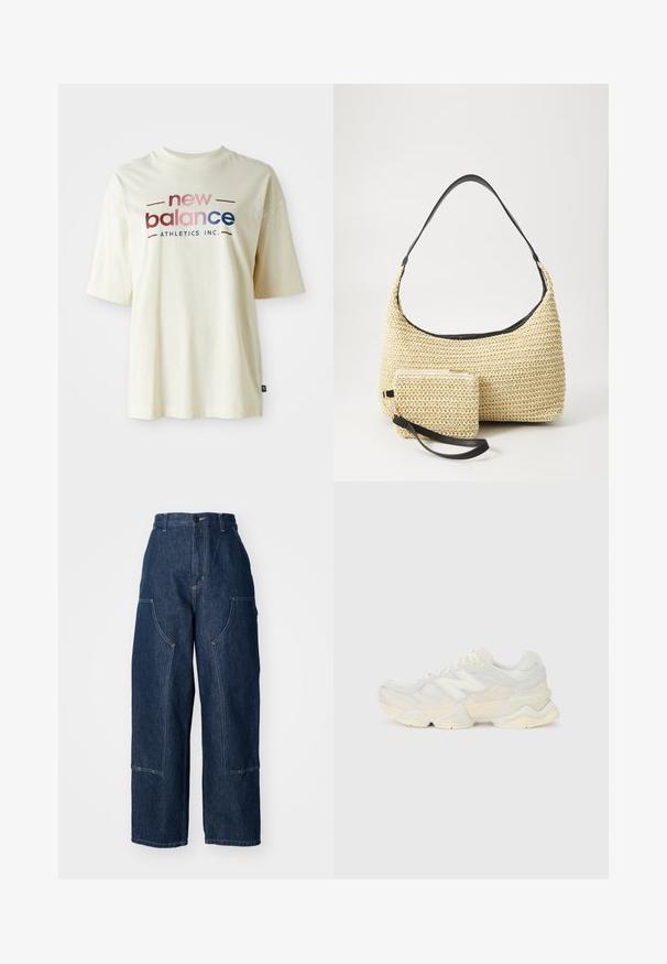 Krémové bavlnené tričko s krátkymi rukávmi, s farebným dizajnom loga "new balance" a textom "ATHLETICS INC.".; Tmavomodré džínsové nohavice s vysokým pásom a širokými nohavicami, dvoma bočnými vreckami, kontrastným oranžovým prešívaním a čistým lemom.; Ľahká teniska s vrchom z nylonovej sieťoviny a zamatovej kože v jemných krémových odtieňoch, so robustnou podrážkou a trojrozmernými akcentmi.; Tkaná slamenná kabelka s prehnutým siluetom, vybavená hladkým čiernym koženým popruhom a zodpovedajúcou malou taštičkou pripevnenou pomocou zápästného popruhu.