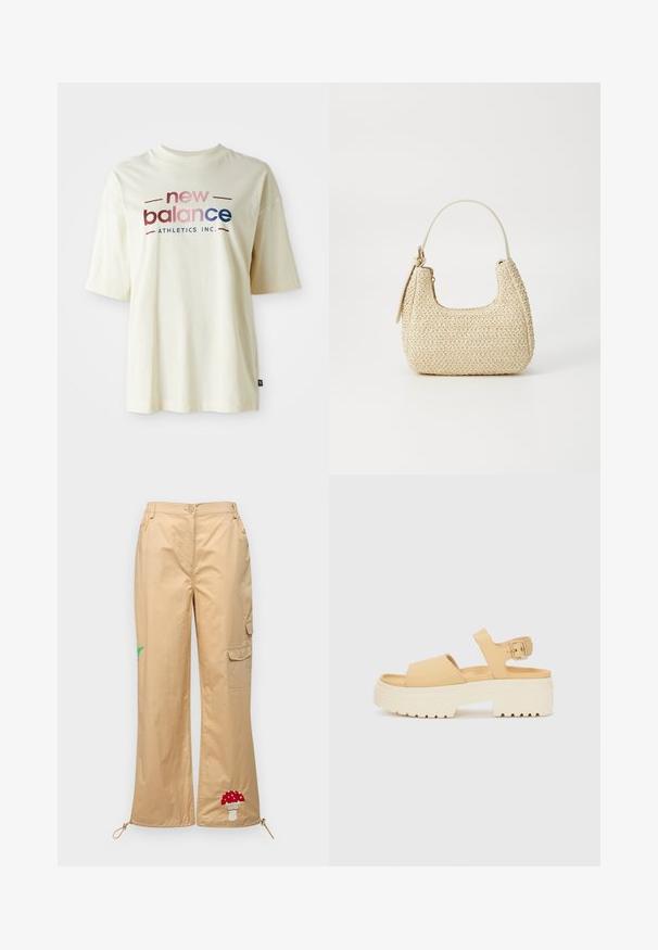 Kermava beige puuvillane t-särk lühikesed varrukad, millel on värviline "new balance" logo kujundus ja tekst "ATHLETICS INC.".; Housut vaaleassa beigeessä värissä, valmistettu sileästä kankaasta. Niissä on brodeerattu sieni ja palmulehti, säädettävä helmamuoto ja sivutaskut.; Keltaiset tekonahasta valmistetut sandaalit, joissa on paksu valkoinen pohja. Ominaisuuksiin kuuluu kaksi leveää hihnaa ja säädettävä nilkkahihna metallisoljella.; Kudottu olkilaukku vaaleanbeigessä, kaarevassa muodossa, lyhyellä hihnalla ja sivuvetoketjulla. Ominaisuuksiin kuuluu teksturoidumpaa pintaa ja minimalistinen muotoilu.