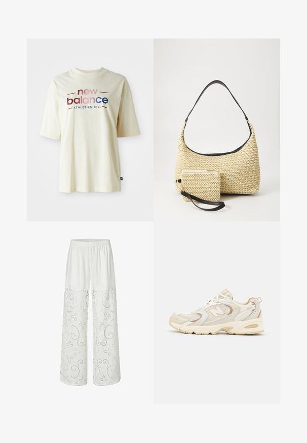 Pamučna majica boje krema s kratkim rukavima, s šarenim dizajnom logotipa "new balance" i natpisom "ATHLETICS INC."; Bijele lanene hlače s elastičnom trakicom u struku, s složenim cvjetnim i spiralnim vezom duž donjeg dijela. Široka kroja.; Bež sportske cipele s mrežastim i sintetičkim prekrivačima, sa teksturiranom površinom, ojačanim okovratnikom i "ABZORB" jastučićem na peti.; Tkana torba od slame s zakrivljenom siluetom, koja sadrži glatku crnu kožnu naramenicu i odgovarajući mali neseser koji je pričvršćen narukvicom.