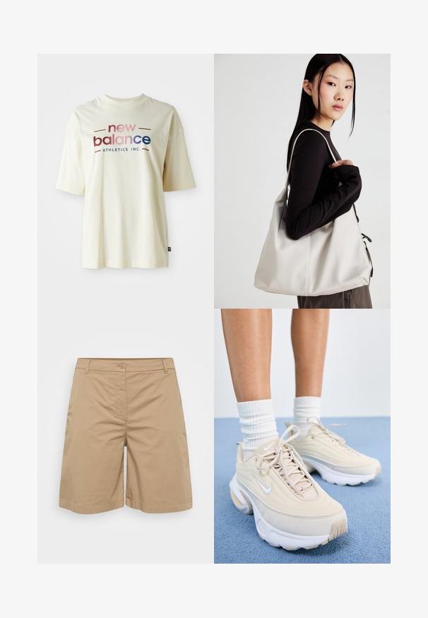 Kreemivärvi puuvillane t-särk lühikeste varrukatega, kus on värvikas "new balance" logo disain ja tekst "ATHLETICS INC.".; Khaki lühikesed püksid, mis on valmistatud pehmest puuvilla segust, sirge jala disainiga, nööbiga kinni ja ees taskudega.; Beezid spordialused tekstuurse ülemise osaga, valged nöörid ja paks valge tallaga. Disainil on peened kõverad ja väike logo.; Bež käekott pehme materjali, millel on lõtv disain, õmblustega detailid ja kaks õlarihma. Sobib igapäevaseks kasutamiseks.