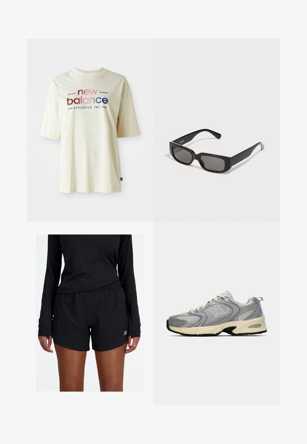 Kremowa bawełniana koszulka z krótkim rękawem, z kolorowym wzorem logo "new balance" i napisem "ATHLETICS INC.".; Czarne spodenki sportowe z elastycznym pasem i odbijającym logo. Materiał wydaje się lekki i gładki, z luźnym krojem.; Szare siatkowe buty sportowe z kremową podeszwą, z wyściełanym kołnierzem, białymi sznurówkami i subtelnym logo z boku. Akcentowane jasnofioletowym kolorem.; Czarne prostokątne okulary przeciwsłoneczne z szaro zabarwionymi soczewkami, wykonane z gładkiego plastiku. Charakteryzują się minimalistycznym designem z prostymi zausznikami i subtelnym logo.