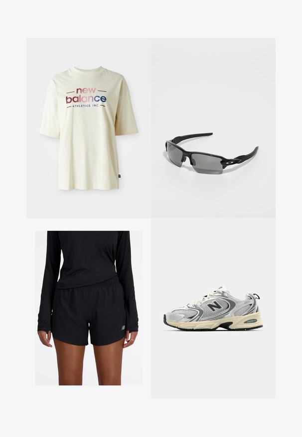 Kremowa bawełniana koszulka z krótkim rękawem, z kolorowym wzorem logo "new balance" i napisem "ATHLETICS INC.".; Czarne spodenki sportowe z elastycznym pasem i odbijającym logo. Materiał wydaje się lekki i gładki, z luźnym krojem.; Szare i białe buty sportowe wykonane z siateczki i materiałów syntetycznych. Posiadają amortyzowaną podeszwę, sznurowadła oraz widoczny logo po boku.; Czarne sportowe okulary przeciwsłoneczne z szarymi soczewkami, zakrzywioną konstrukcją ramy i detalem z logo z boku. Wykonane z lekkiego materiału plastikowego.