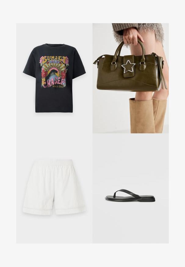 Zwart katoenen t-shirt met een kleurrijk grafisch ontwerp met bloemen, zonnestralen en de tekst "SUNSET ROXY CHASER Sinds 1990" prominent weergegeven.; Witte linnen shorts met een elastische tailleband, een ontspannen pasvorm en decoratieve kantafwerking aan de zoom. Glad textuur en casual ontwerp.; Zwarte teenflip-flop van glad leer, met een dunne band en een platte zool met een minimalistisch profiel. Geen opvallende patronen of accenten.; Olijf groen neplederen handtas met zilveren steraccent, dubbele handvatten en een ritssluiting. Gelaagd oppervlak en gestructureerde vorm.