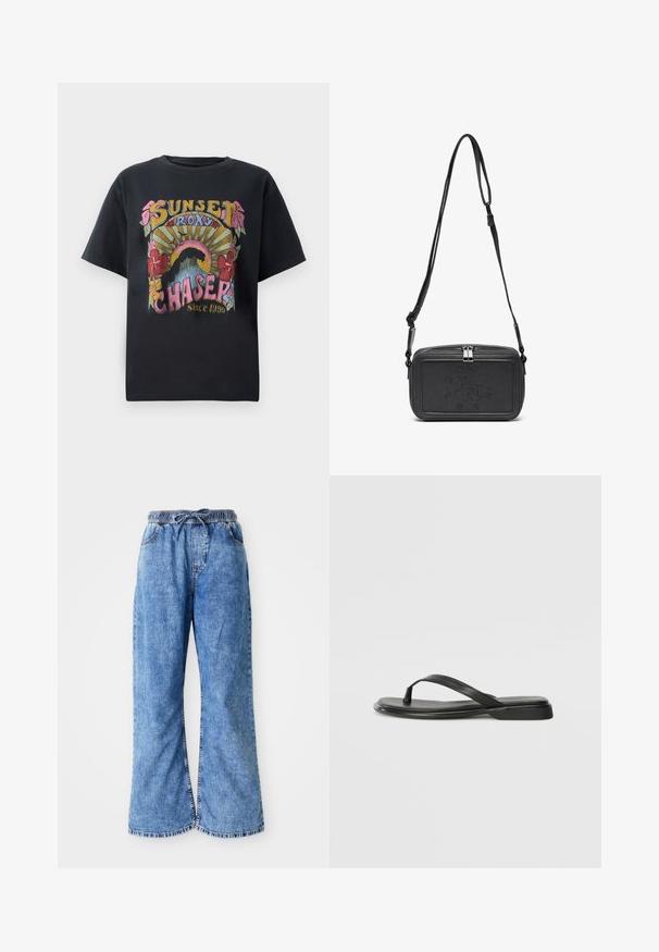 T-shirt de algodão preto com um design gráfico colorido apresentando flores, raios de sol e o texto "SUNSET ROXY CHASER Desde 1990" em destaque.; Calças largas de denim azul claro com cintura elástica e cordão. Apresenta costuras duplas e bainha desfiada. Sem bolsos visíveis.; Chinelo preto feito de couro liso, com um design de tira fina e sola baixa com um perfil minimalista. Sem padrões ou acentos notáveis.; Bolsa de ombro em couro preto com fecho de zip, logótipo em relevo na parte da frente e alça ajustável. Textura suave com formato retangular.