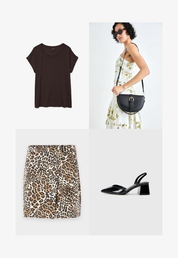 T-shirt corto a maniche corte color marrone scuro con scollatura rotonda e tessuto morbido. Presenta una vestibilità rilassata e maniche arrotolate per offrire comfort.; JDY JDYRAY SHORT SKIRT - Minigonna - pumice stone; Décolleté in vernice nera con punta affusolata e tacco in geometria cubica. Presentano un design elegante e minimalista, con una texture liscia.; Borsa a tracolla nera in pelle con una forma curva, manico rimovibile e accessori dorati. La borsa presenta una patta con un dettaglio a fibbia.