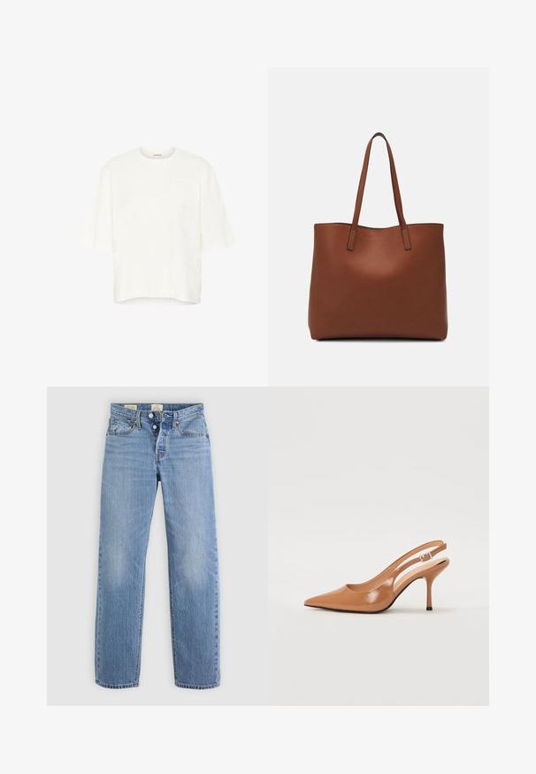 Valge puuvillane T-särk lühikeste varrukatega, ümmarguse kaelusega ja vasakul rinnal struktureeritud logo plaaster, omades kastjat siluetti.; Heledad sinine teksad sirge sääre disainiga, metallnööbiga kinnitamine, esi-taskud ja peened pleekimise detailid.; Küüntega slingback konts, mis on valmistatud siledast ja läikivast tan värvi materjalist. Omab kaarjat lõigatud disaini ja õhukest stiletto kontsa. Hõbedane pandla detail.; Pruun nahast tote-kott, millel on sile tekstuur, avatud ülaosa disain ja kaks õlarihma. Omab minimaalset õmblust ja nähtavat riistvara ei ole.