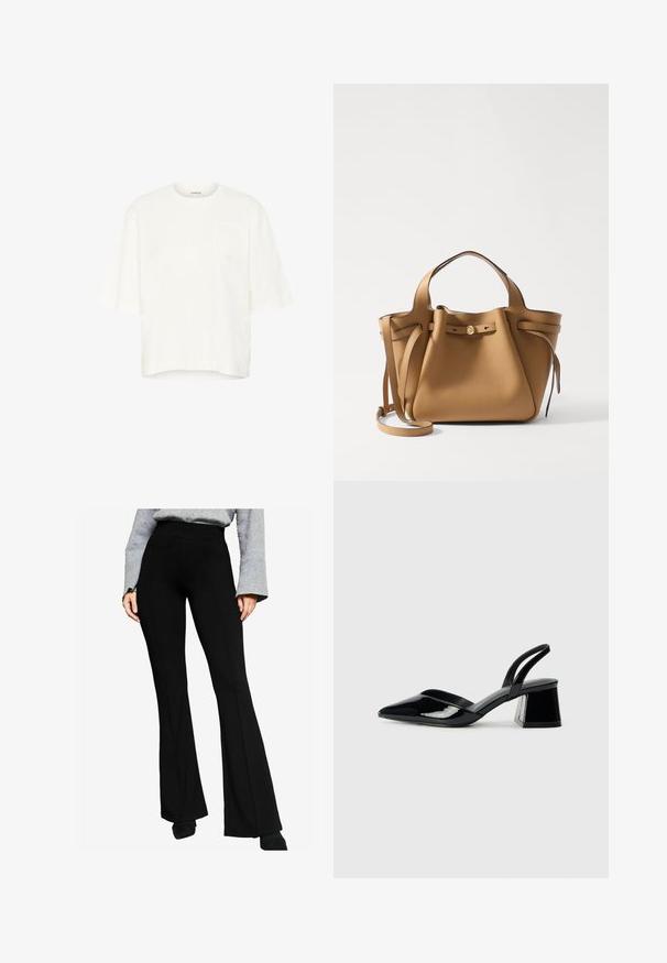 Biała bawełniana koszulka z krótkimi rękawami, okrągłym dekoltem i teksturowaną naszywką z logo na lewej piersi, o pudełkowym kroju.; Czarne rozszerzane spodnie wykonane z elastycznego materiału, z wysokim stanem i detalami szwów z przodu, połączone z szarym długim topem.; Czarne lakierowane półbuty na obcasie z wydłużonym noskiem i geometrycznym słupkiem. Charakteryzują się eleganckim, minimalistycznym designem oraz gładką fakturą.; Tory Burch ROMY wielbłądzi