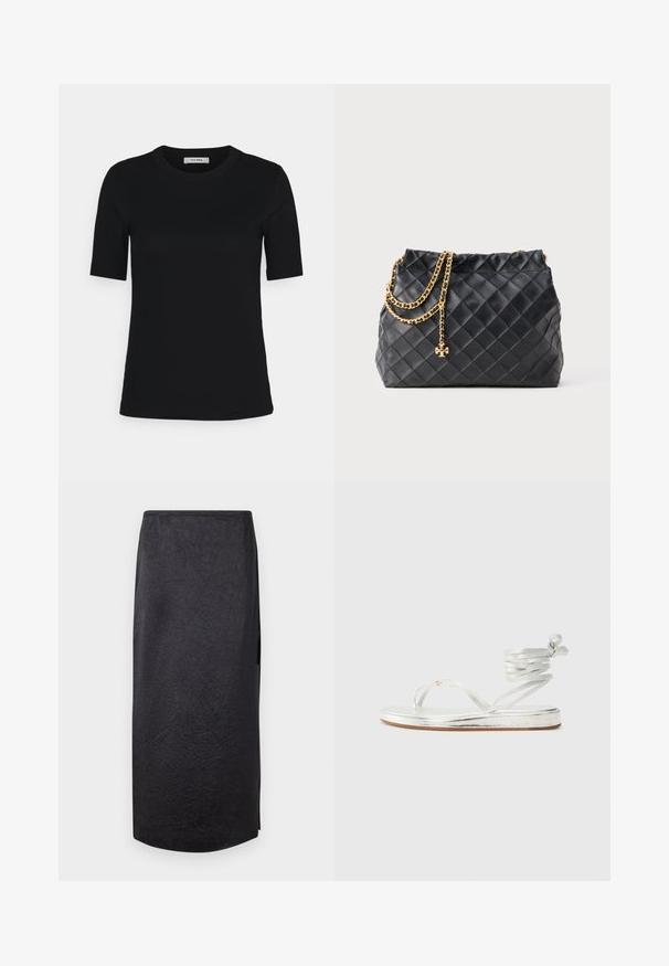 IVY OAK KRISTIN - T-shirt basique - black; Jupe noire mi-longue avec une texture froissée, coupe droite et fente sur le côté. Le tissu semble léger. L'ourlet est légèrement arrondi.; Sandales métalliques argentées avec un design en tongs, une sangle autour de la cheville et une semelle plate avec une finition texturée.; Sac à main en cuir matelassé noir avec une bandoulière en chaîne et un charm décoratif. Texture douce, forme structurée et silhouette décontractée.